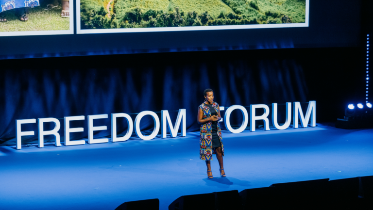 Agather Atuhaire speaking at the 2024 Oslo Freedom Forum