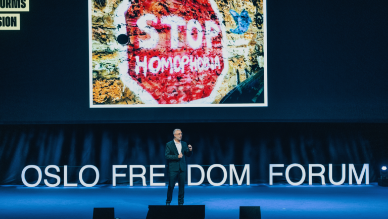 Georges Azzi speaking at the 2024 Oslo Freedom Forum