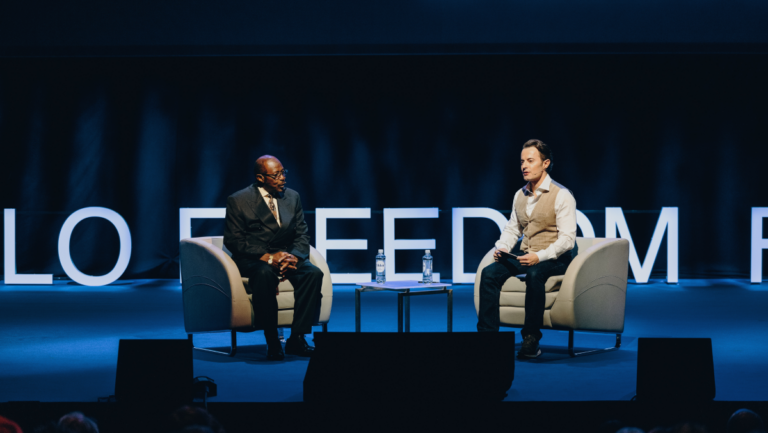 Paul Rusesabagina and Thor Halvorssen speaking at the 2024 Oslo Freedom Forum