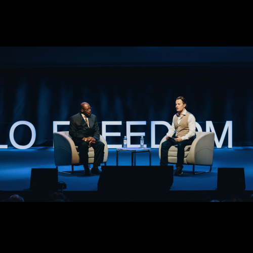 Paul Rusesabagina and Thor Halvorssen in covnersation at the 2024 Oslo Freedom Forum thumbnail