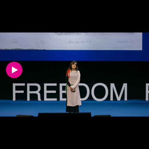 Azza Abo Rebieh speaks at the 2025 Oslo Freedom Forum