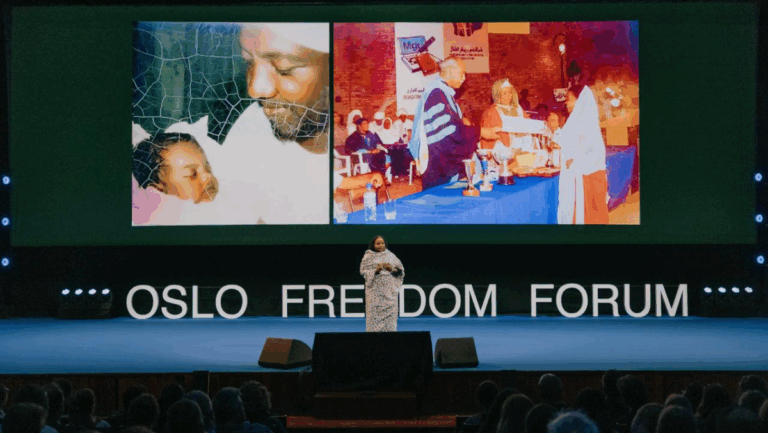Sulaima Ishaq Elkhalifa Sharif speaks at 2025 Oslo Freedom Forum
